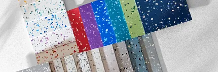 Commercial Heterogeneous Sheet Vinyl Flooring Swatch in Multiple Colors Swatch of commercial heterogeneous sheet vinyl flooring in various colors including grey, beige, red, purple, blue, green, and navy
