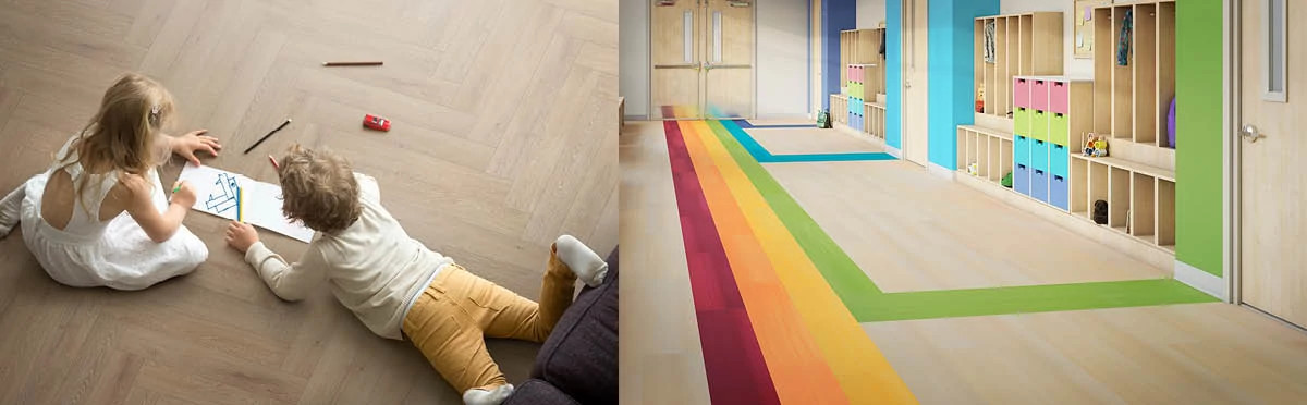 plit image showing two scenes: on the left, two children lying on a light wood herringbone floor drawing with colored pencils; on the right, a bright hallway with light flooring featuring bold rainbow