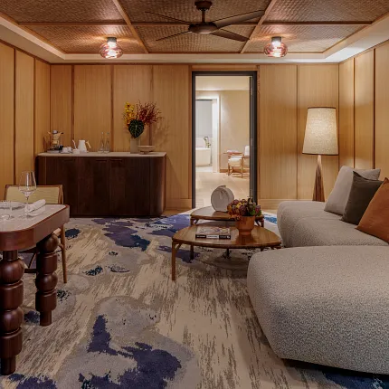 Stylish carpet flooring for contemporary hospitality spaces Modern living room with abstract carpet design