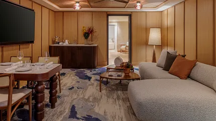 Stylish carpet flooring for contemporary hospitality spaces Modern living room with abstract carpet design