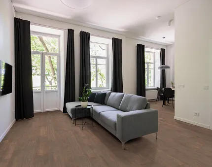 Contemporary Living Room with Dark Wood Flooring and Grey Sofa Modern living room with large windows, grey sectional sofa, and dark wood flooring