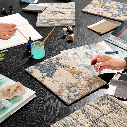 Commercial Carpet Tile Swatches in Beige, Blue, and Gray for Design Review Explore color, pattern and materials to bring your ideas to life.