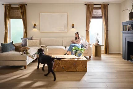 Coretec Residential WPC Luxury Vinyl Plank Flooring in Living Room - 48.03x7.09 inch Wood Look Planks living room with luxury vinyl plank floor in a wood look with a woman on a sofa with two dogs playing 4803x709 inch planks
