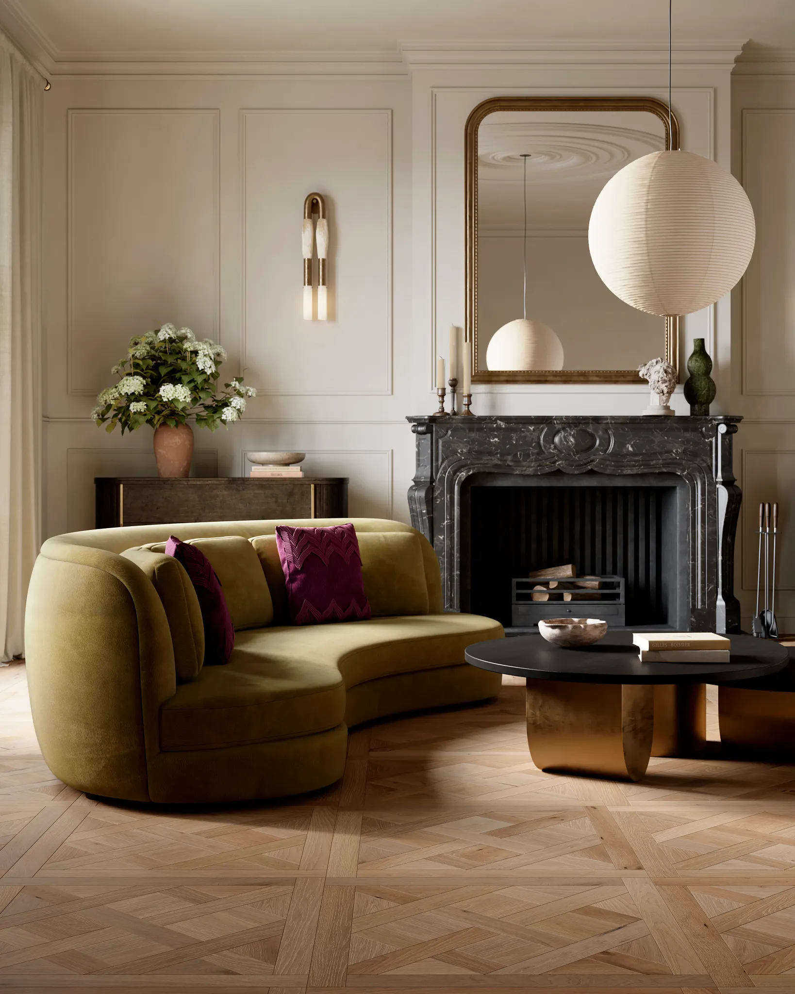 Elegant hardwood flooring in a sophisticated living room