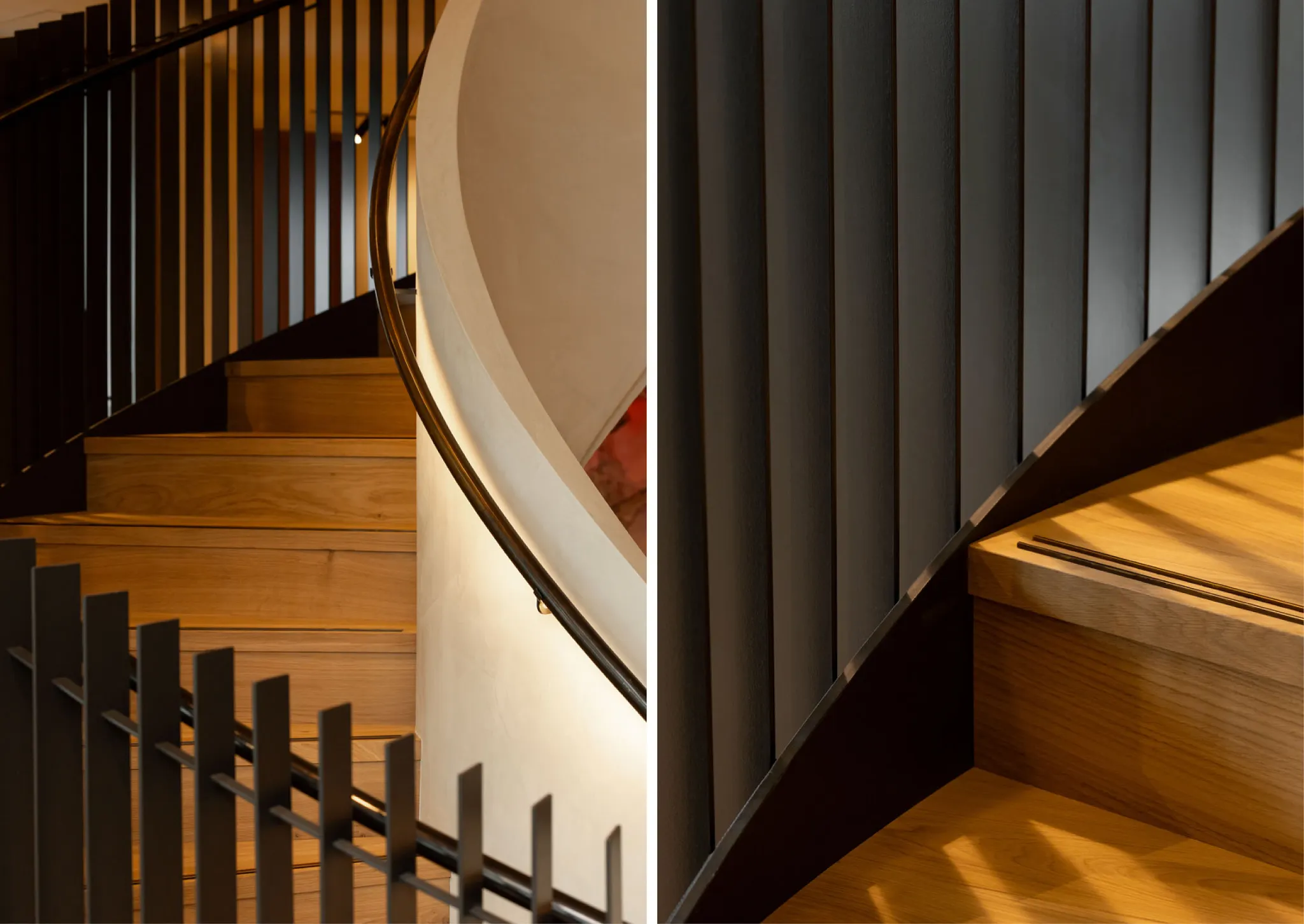 Modern staircase with wooden steps and sleek black railing