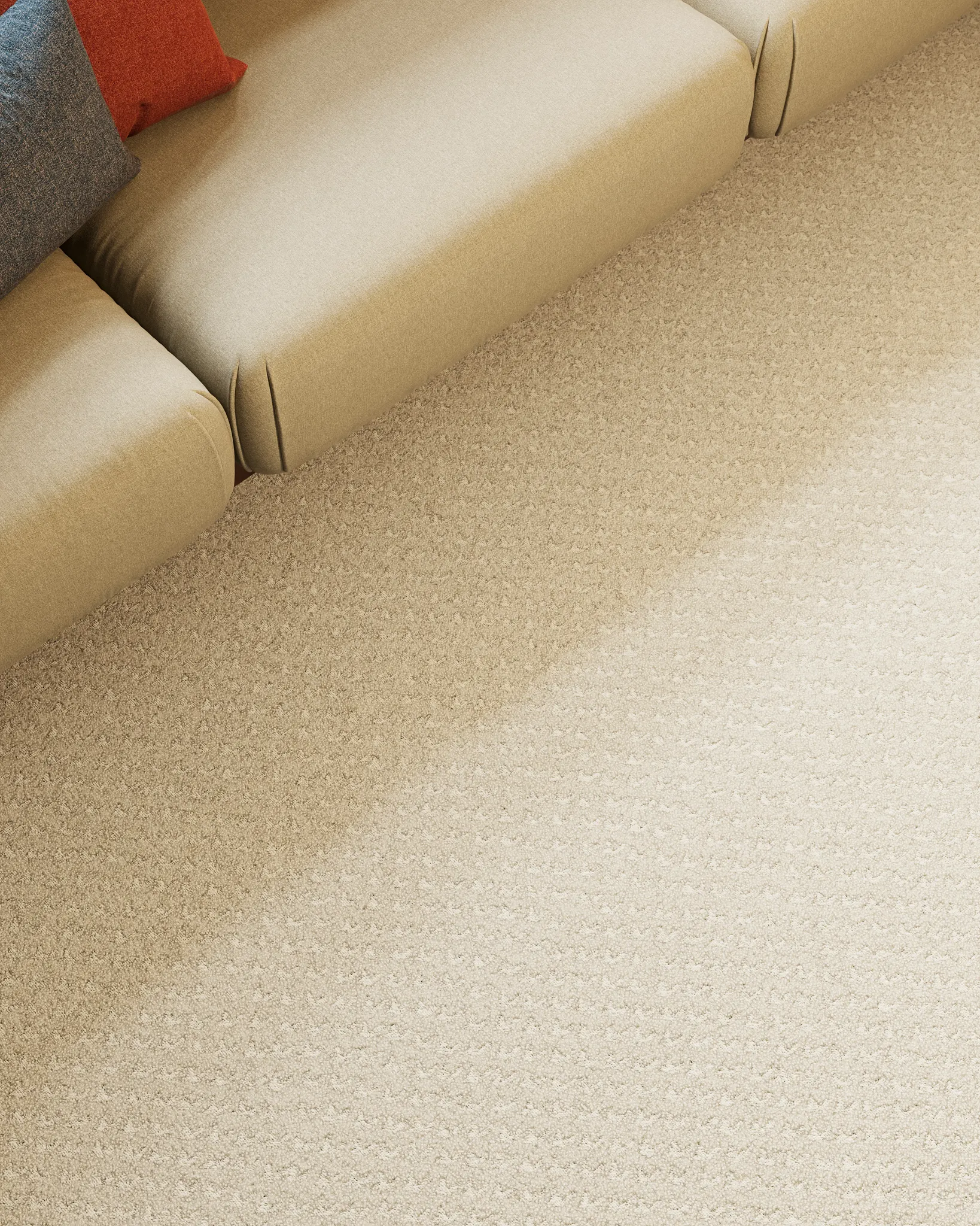 Modern living room with beige armchair and textured carpet flooring
