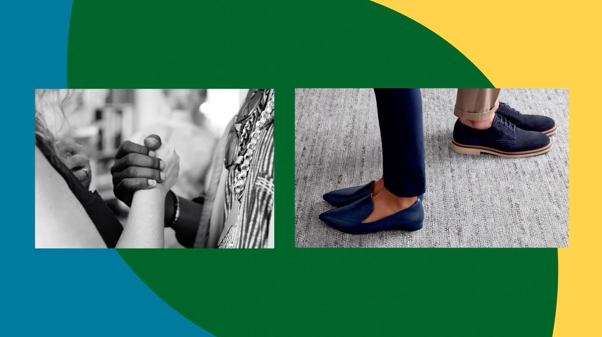 Two people shaking hands in a black and white image next to a pair of feet on a textured gray carpet