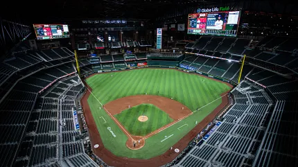 Baseball stadium with artificial turf field at Globe Life Field Aerial view of a baseball stadium with artificial turf field
