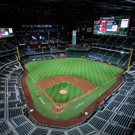 Baseball stadium with artificial turf field at Globe Life Field Aerial view of a baseball stadium with artificial turf field