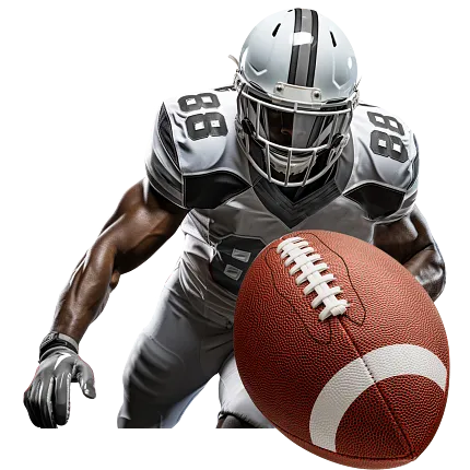 Football player with helmet and jersey number 88 holding a football Football player in action holding a football