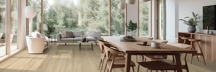Light Wood Look Luxury Vinyl Plank Flooring in Modern Living and Dining Room Modern living and dining room with large windows and light wood look luxury vinyl plank flooring
