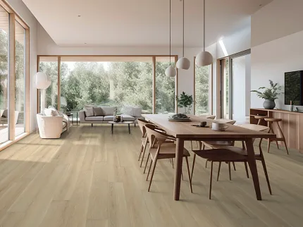 Light Wood Look Luxury Vinyl Plank Flooring in Modern Living and Dining Room Modern living and dining room with large windows and light wood look luxury vinyl plank flooring