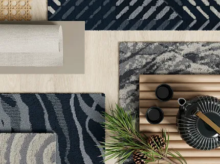 Commercial Carpet Tile Swatch in Navy Blue, Gray, and Beige Patterns Finding Focus