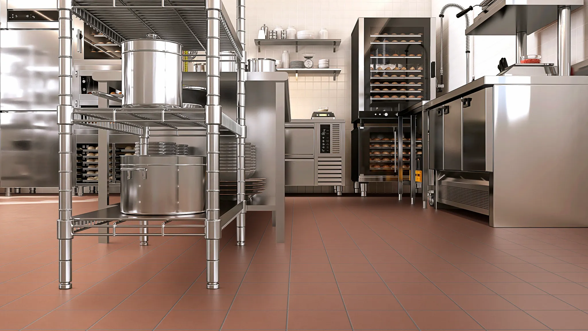 Commercial kitchen with quarry tile flooring