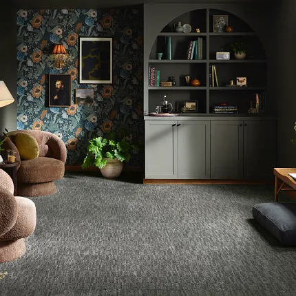 3:4 Moody living room with dramatic floral wallpaper dominated in shades of green