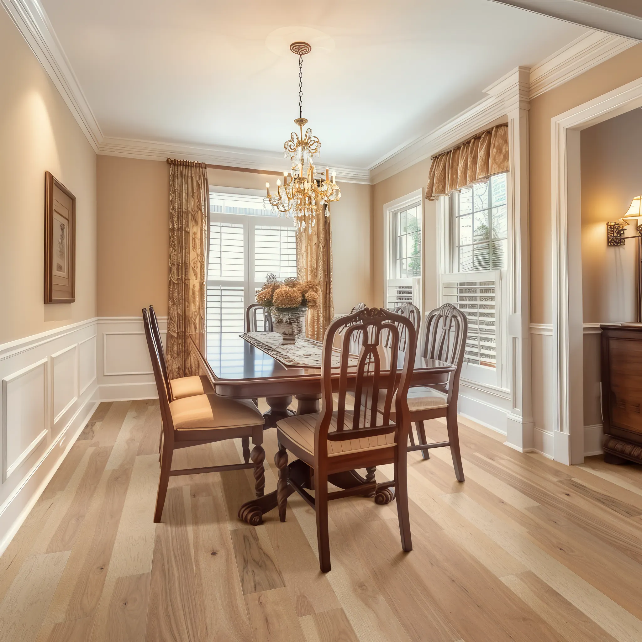 Elegant dining room with hardwood flooring, featuring a classic wooden dining table and chairs under a chandelier