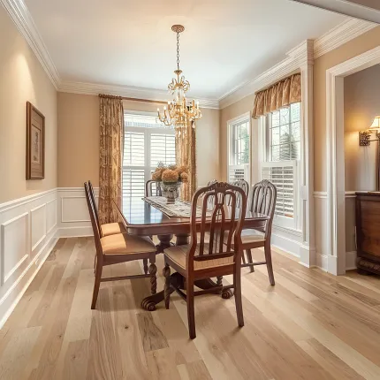 Hardwood Flooring in Elegant Dining Room for Everyday Comfort and Style Elegant dining room with hardwood flooring, featuring a classic wooden dining table and chairs under a chandelier