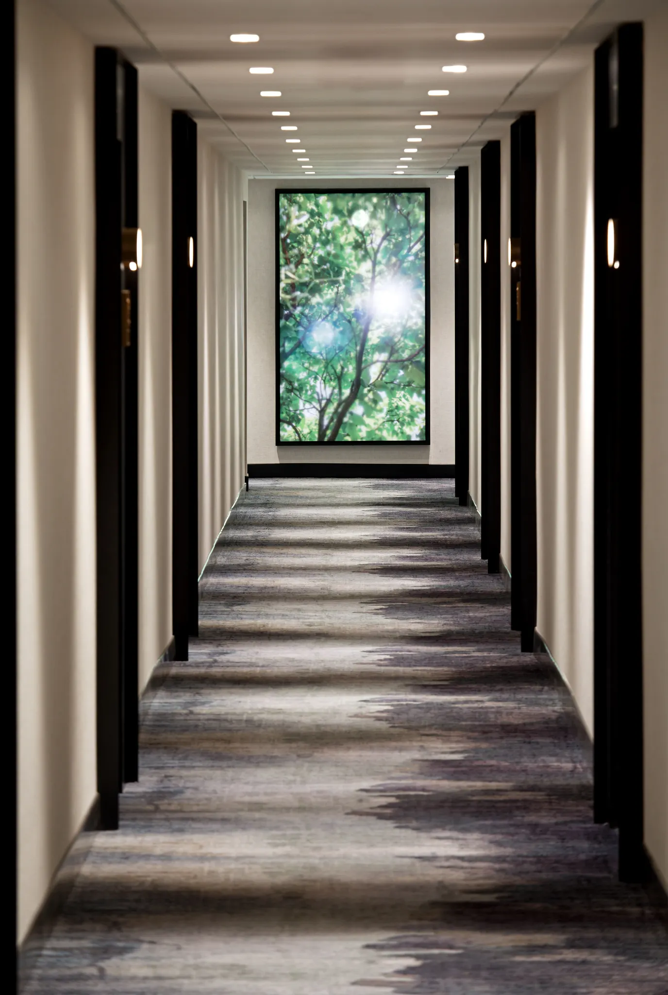 Modern hallway with abstract pattern commercial carpet tile, Hospitality hallway with abstract pattern carpet tile