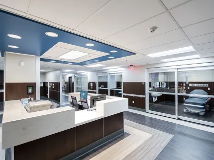 Healthcare Facility with Modern Reception and Commercial Flooring Modern healthcare facility with sleek reception area and commercial flooring