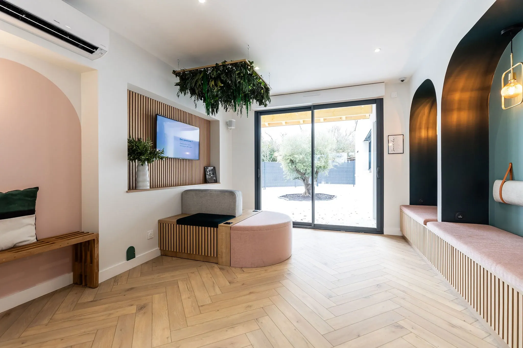 Modern living room with herringbone wood flooring