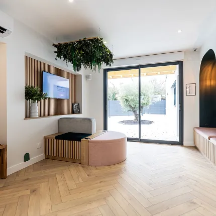 Stylish herringbone wood flooring in contemporary space Modern living room with herringbone wood flooring