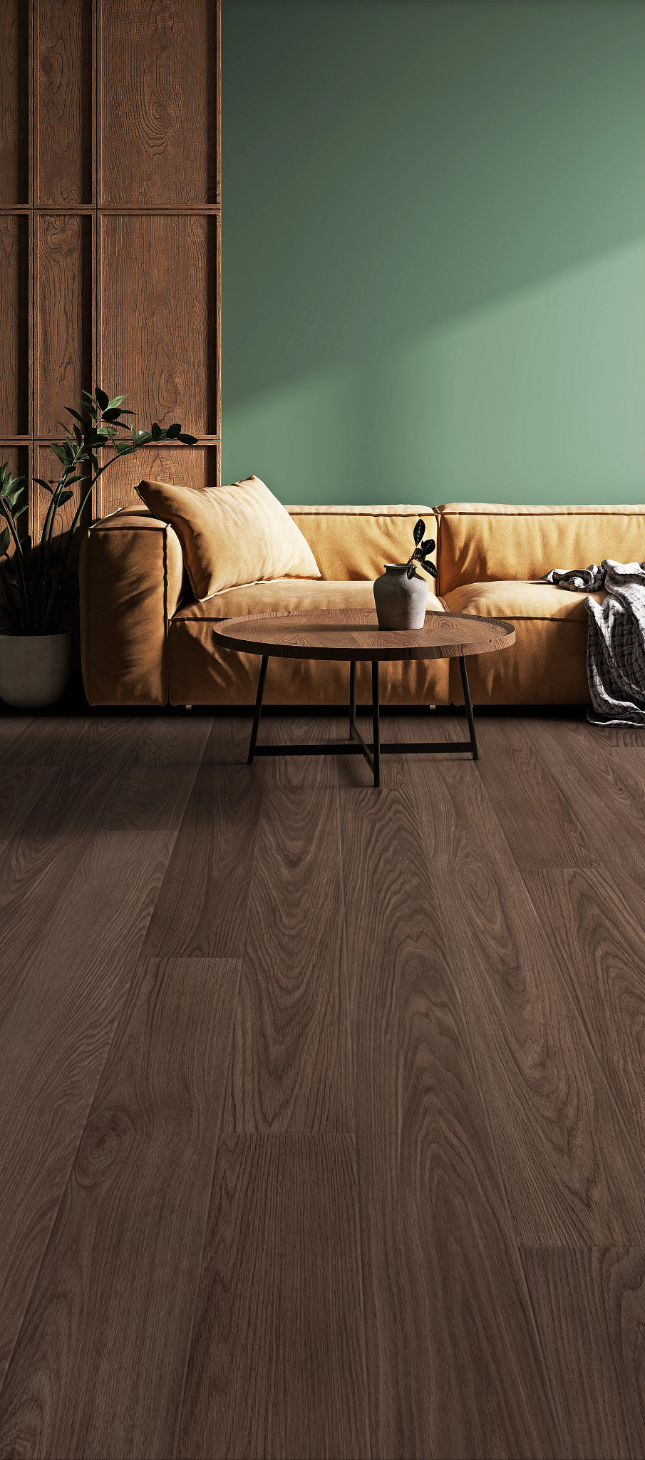 Deep Saddle Walnut flooring, shown in a room