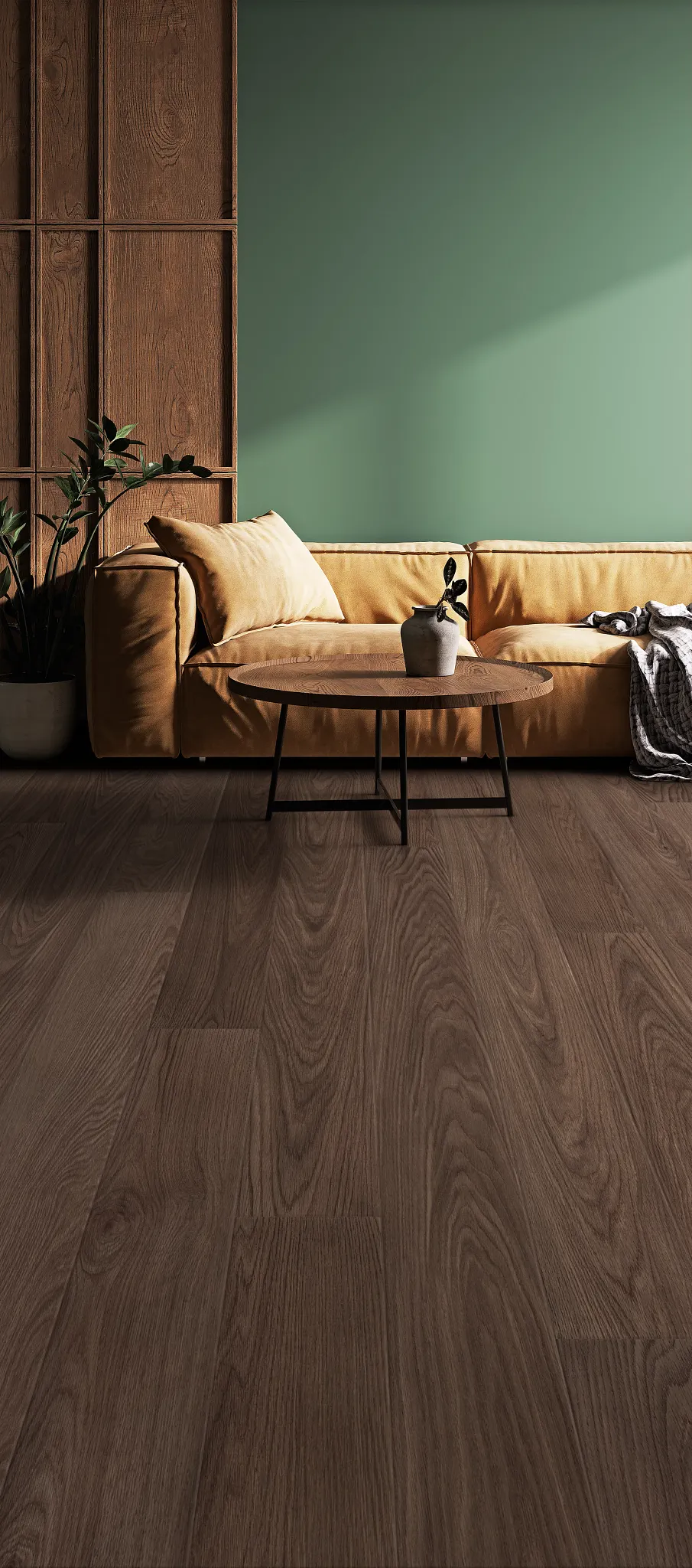 Coretec Residential WPC flooring in a stylish living room with a yellow sofa