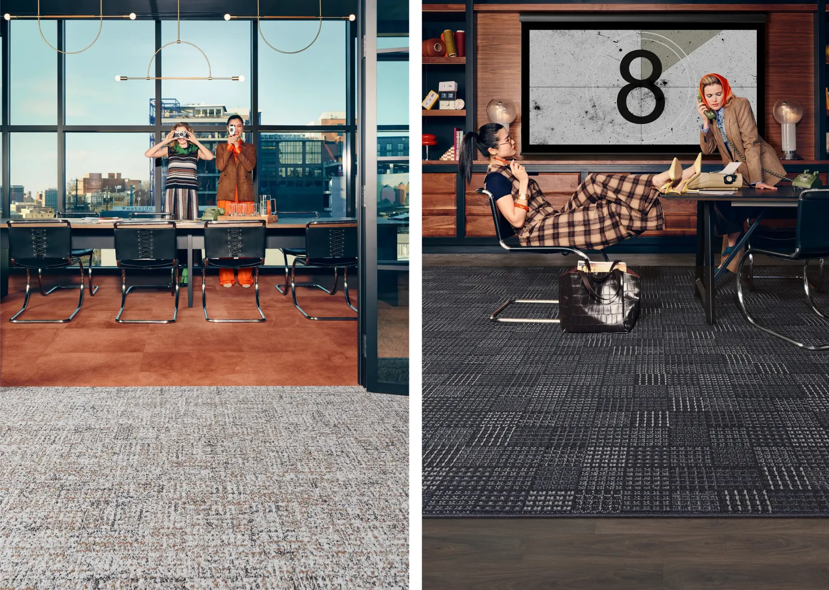 Modern office with textured carpet flooring and city view