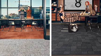 Stylish carpet designs for contemporary workspaces Modern office with textured carpet flooring and city view