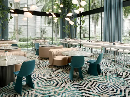 Hospitality Facility with Geometric Patterned Carpet and Modern Decor AXF81295