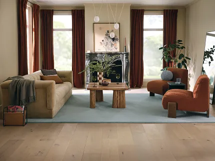 Stylish hardwood and carpet combination for contemporary spaces Modern living room with hardwood flooring and beige carpet