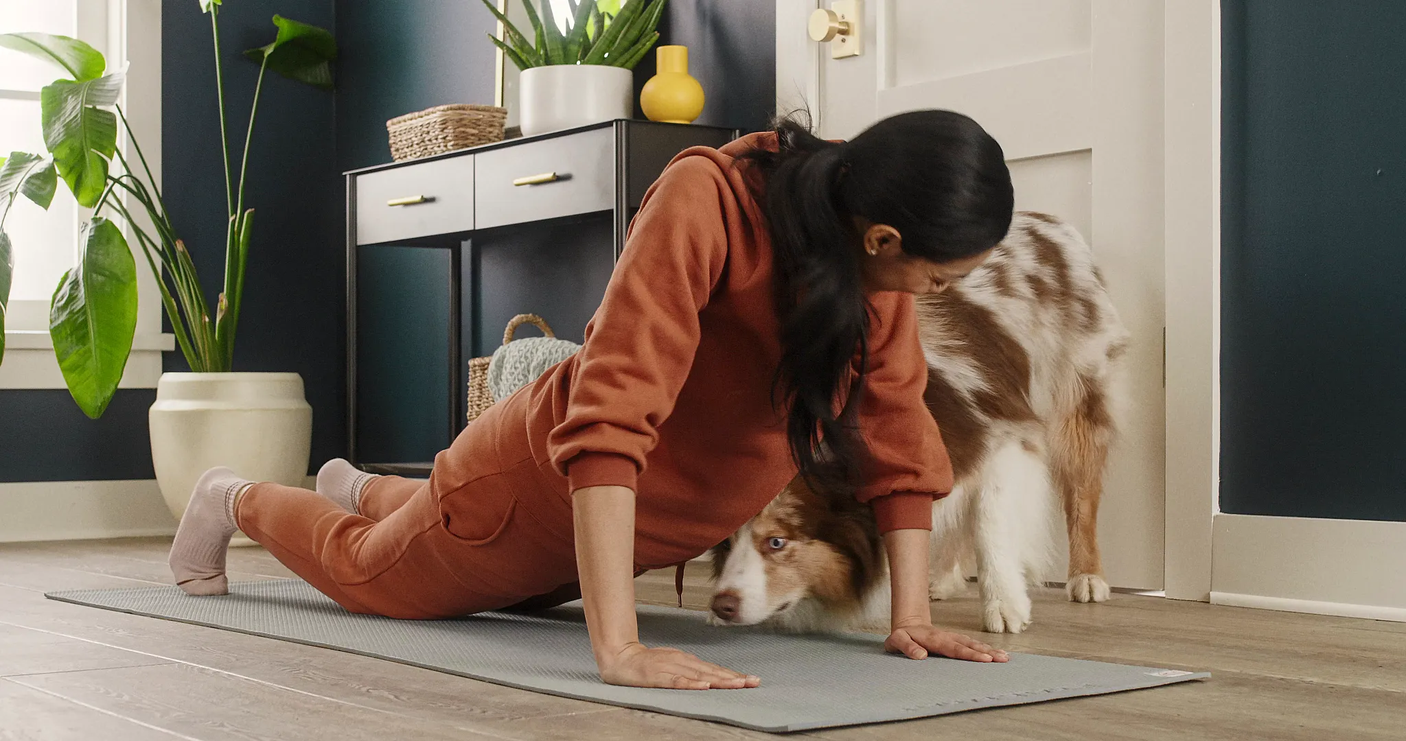 Woman doing yoga with a dog on wood look luxury vinyl plank flooring in a modern living room