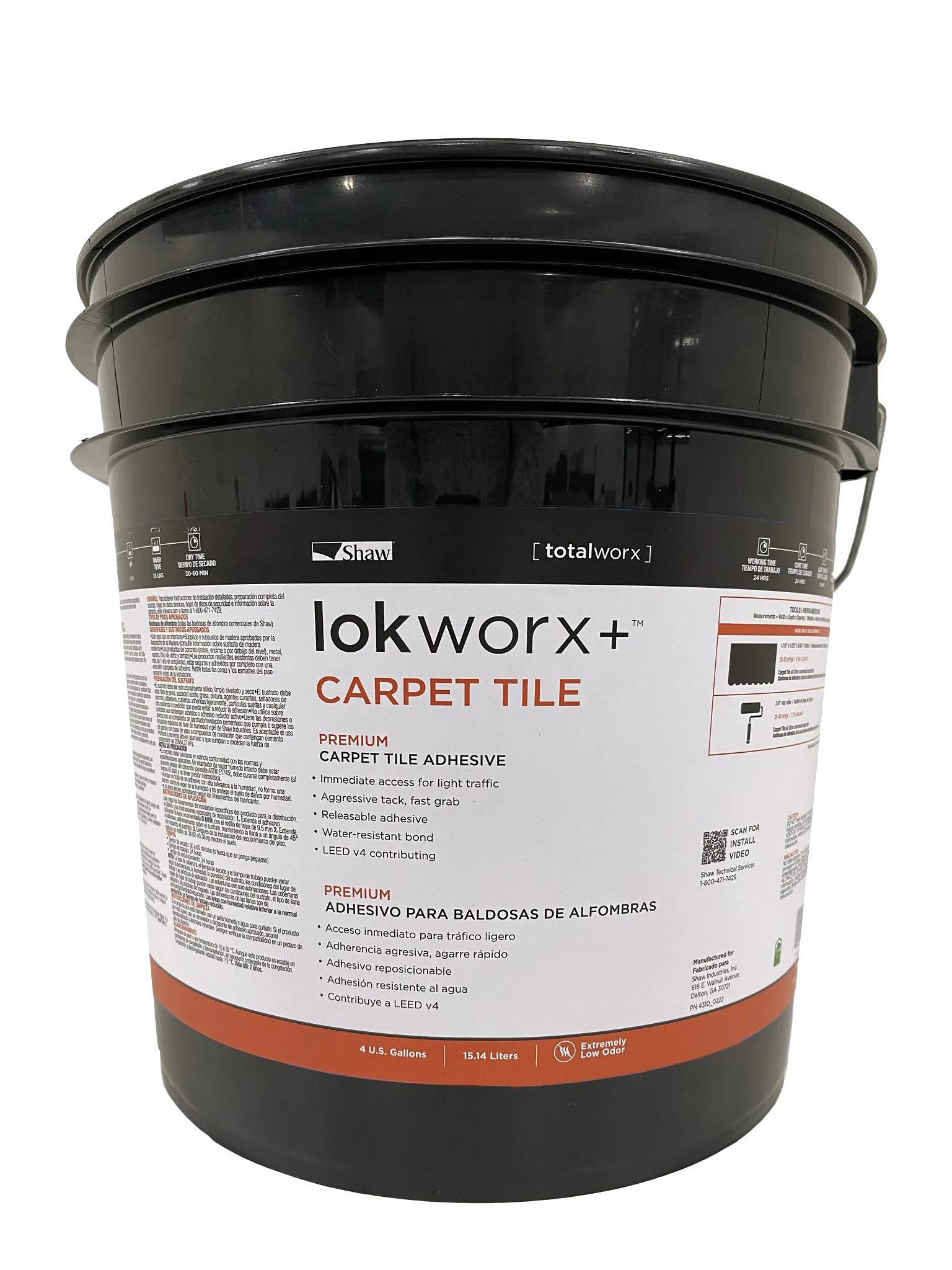 Lokworx+ Carpet Tile Adhesive bucket with Shaw branding