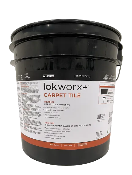 Lokworx+ Carpet Tile Adhesive by Shaw for Commercial Carpet Tile Installation Lokworx+ Carpet Tile Adhesive bucket with Shaw branding