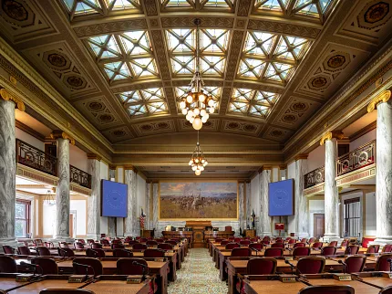 Luxurious carpet flooring in a grand government setting Ornate government facility with intricate carpet flooring