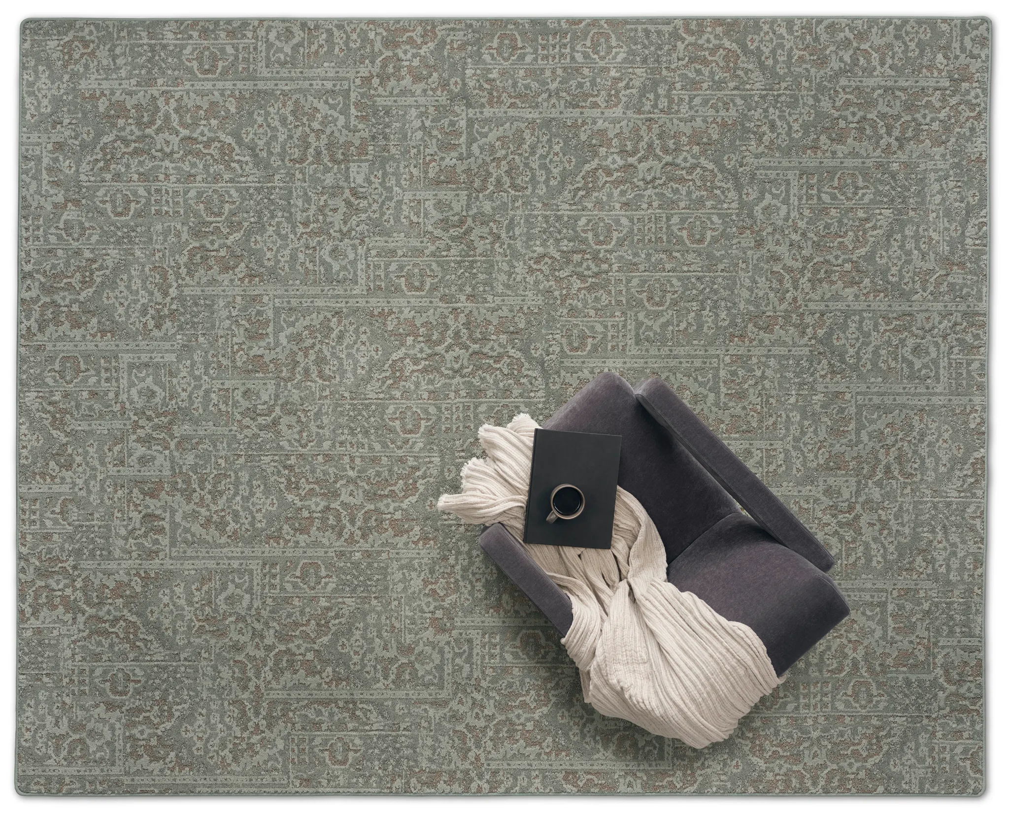 Close-up view of various carpet swatches featuring patterns in blue