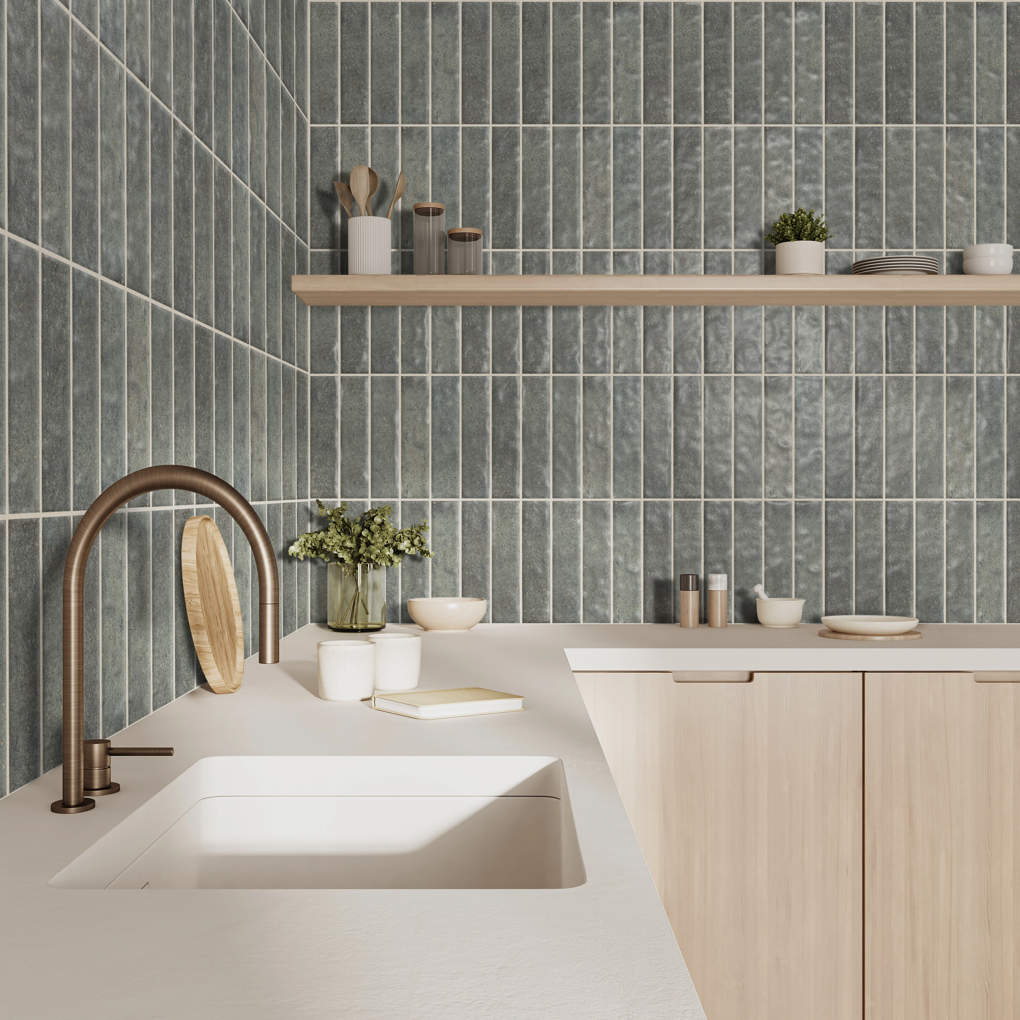 MModern kitchen with vertical gray tile backsplash 