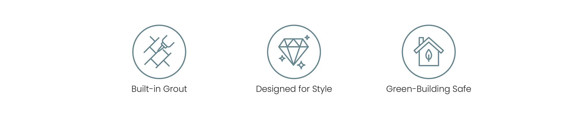 Shower Wall Systems Icons converting: Built-in Grout, Designed for Style, Green-Building Safe