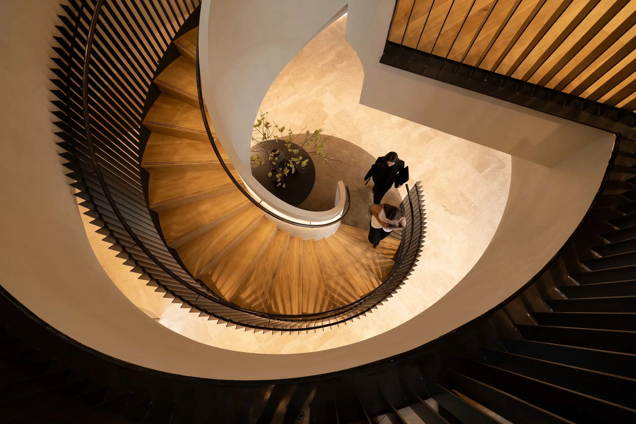 Escalera de caracol elegante con peldaños de madera en un interior moderno