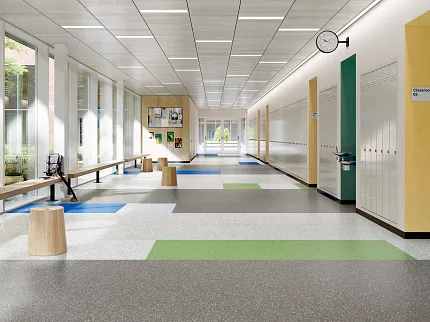 School Hallway with Solid Vinyl Tile Flooring - 36x36 inch Commercial Homogeneous Tile Montage in Assemble + Sparkle + Collage + Meld + Unify Green + Blue Medley Installed Monolithic