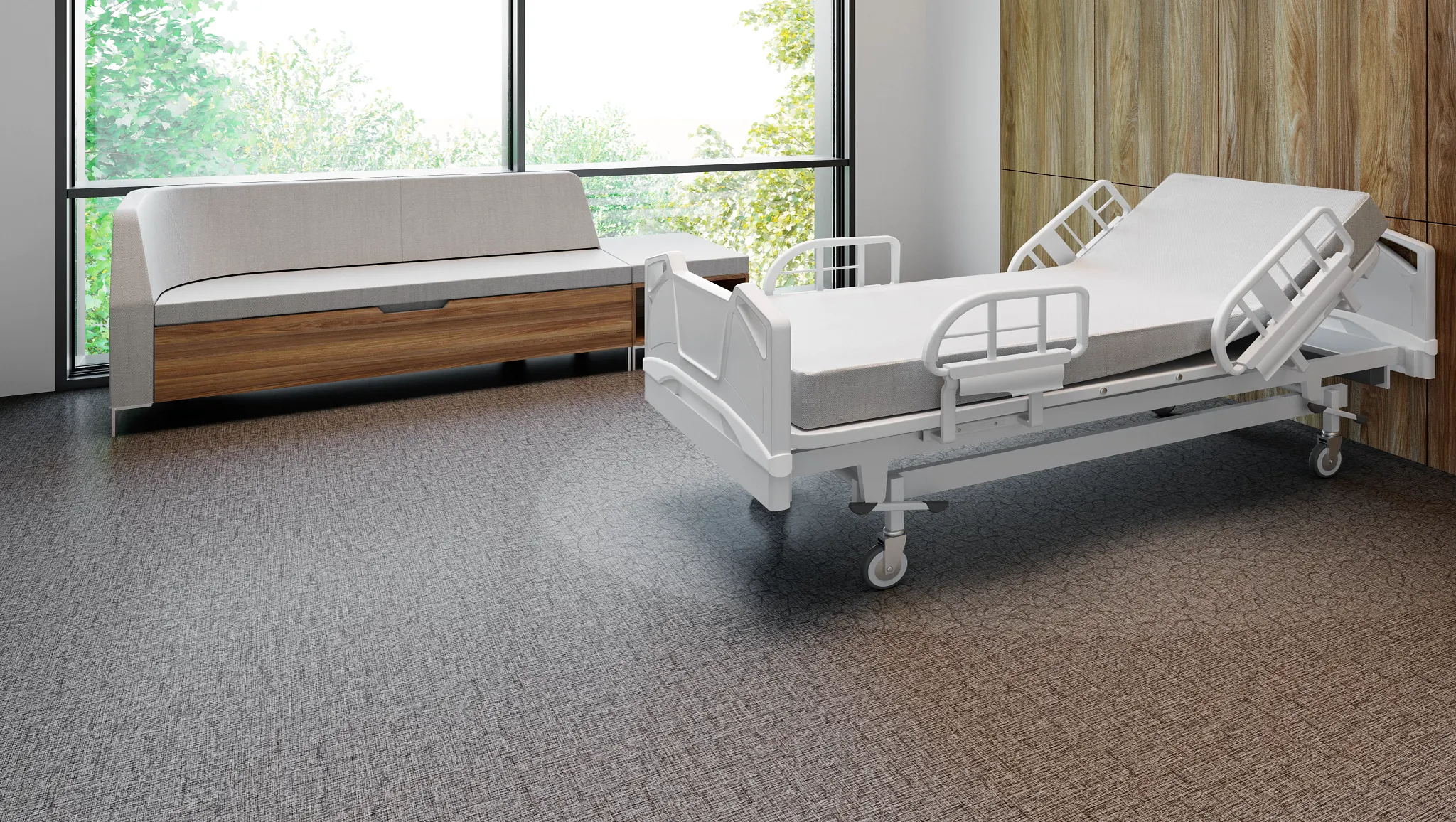 Healthcare facility room with hospital bed and sofa, featuring commercial heterogeneous sheet vinyl flooring with fiberglass construction, dimensions 68.58x6.56 ft