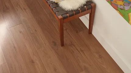 Coretec Residential WPC Luxury Vinyl Plank Flooring - 59.84x7.05 inch Wood Look Coretec Residential WPC luxury vinyl plank flooring in a warm wood look with a bench and colorful artwork