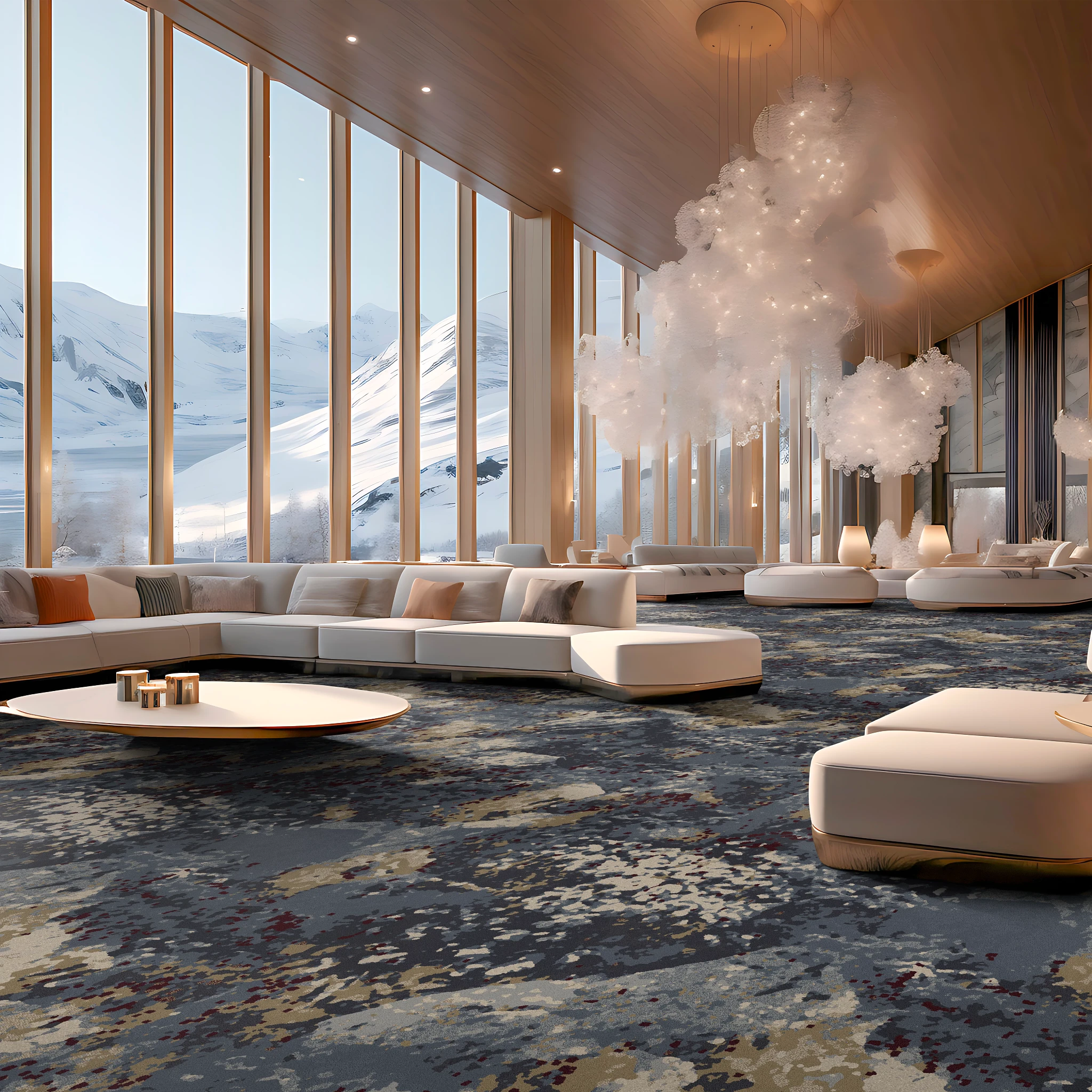Luxurious hospitality lounge with panoramic snowy mountain views, featuring plush white seating and elegant abstract-patterned commercial carpet in shades of blue, beige, and maroon
