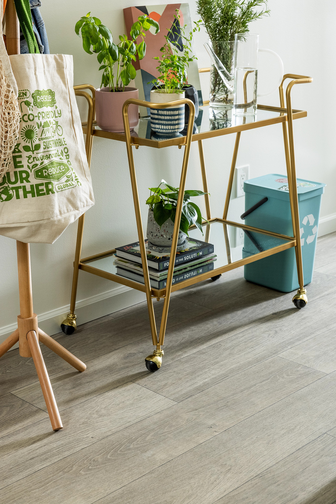 Cart with plants and high quality vinyl floor.