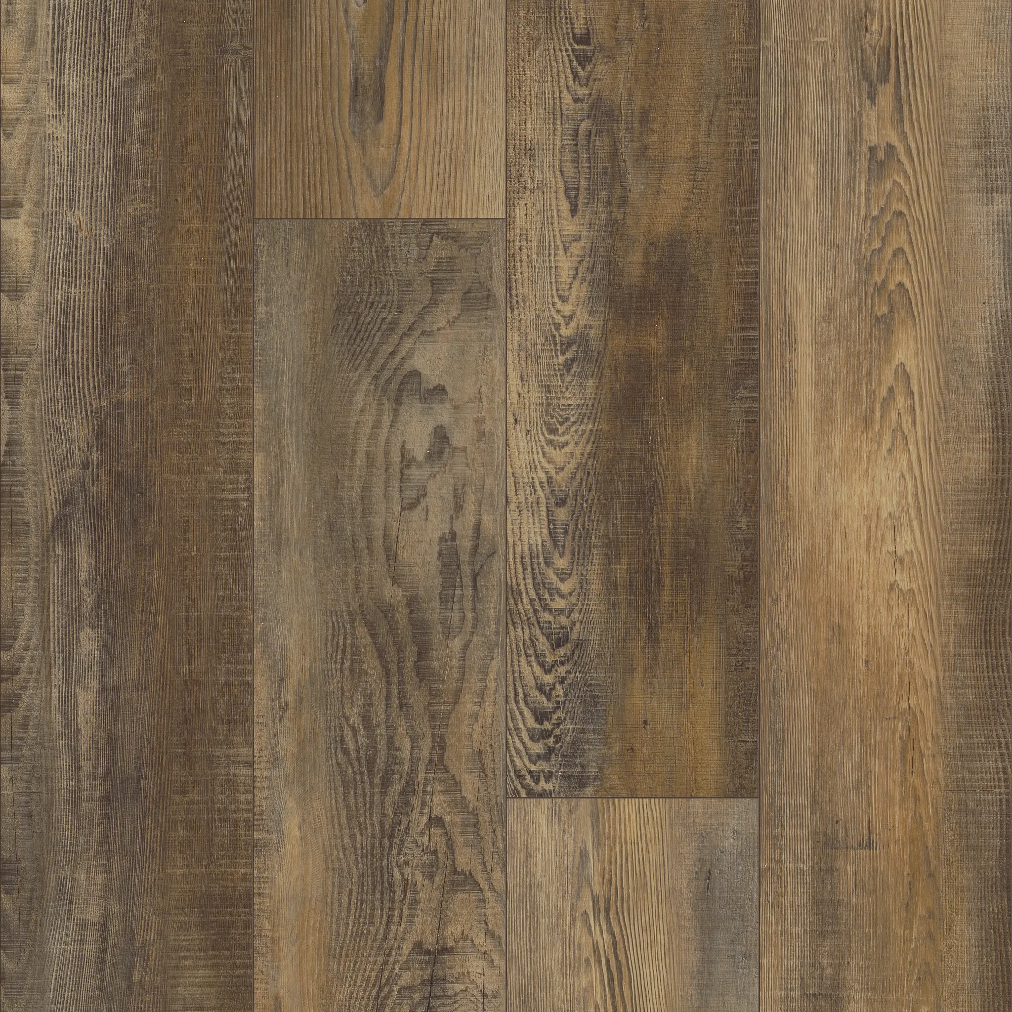 Rustic wood-look flooring swatch in shades of brown and gray