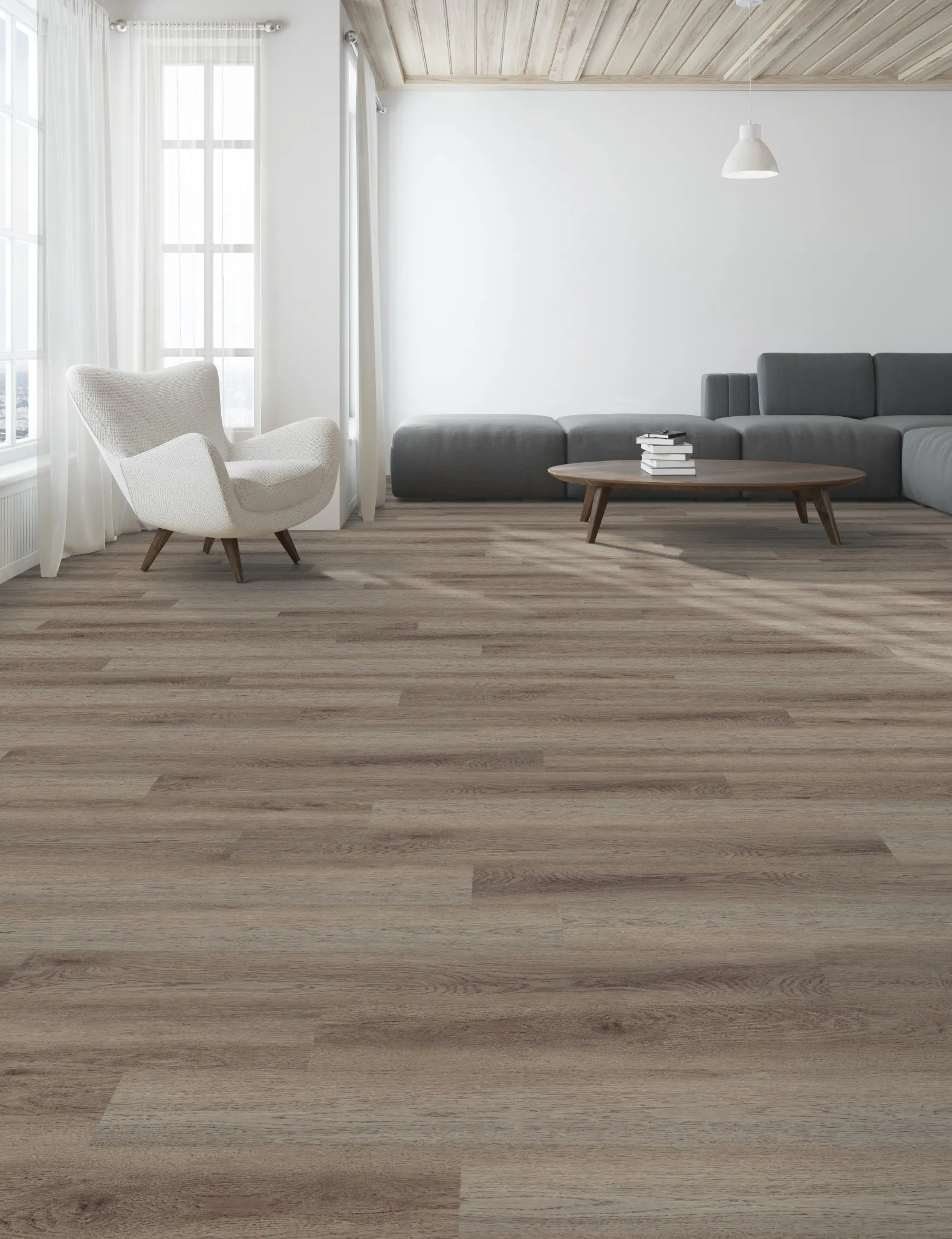 Modern living room with COREtec flooring featuring a multilayer SPC construction and attached cork underlayment, dimensions 48.03x7.13 inches