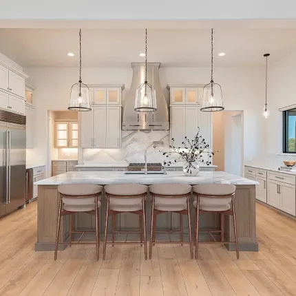 Light Wood Look LVP Flooring in Contemporary Kitchen - Coretec Residential SPC 72.83x9.06 inch Modern kitchen with light wood look luxury vinyl plank flooring, featuring a spacious island and stainless steel appliances