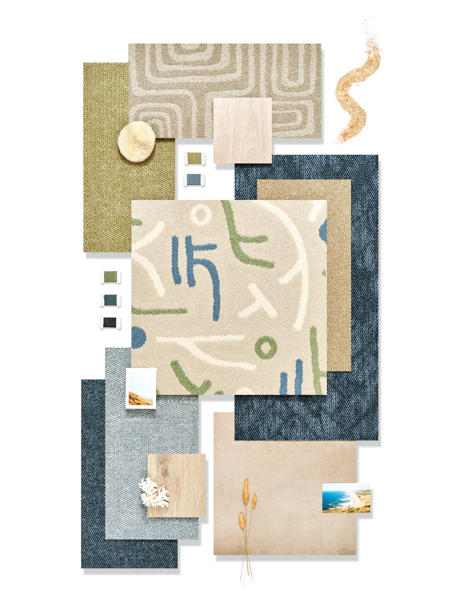 Coastal inspired product palette featuring Accent carpet tiles and flooring finishes in soft blue, sand, green and neutral tones inspired by natural shoreline landscapes.