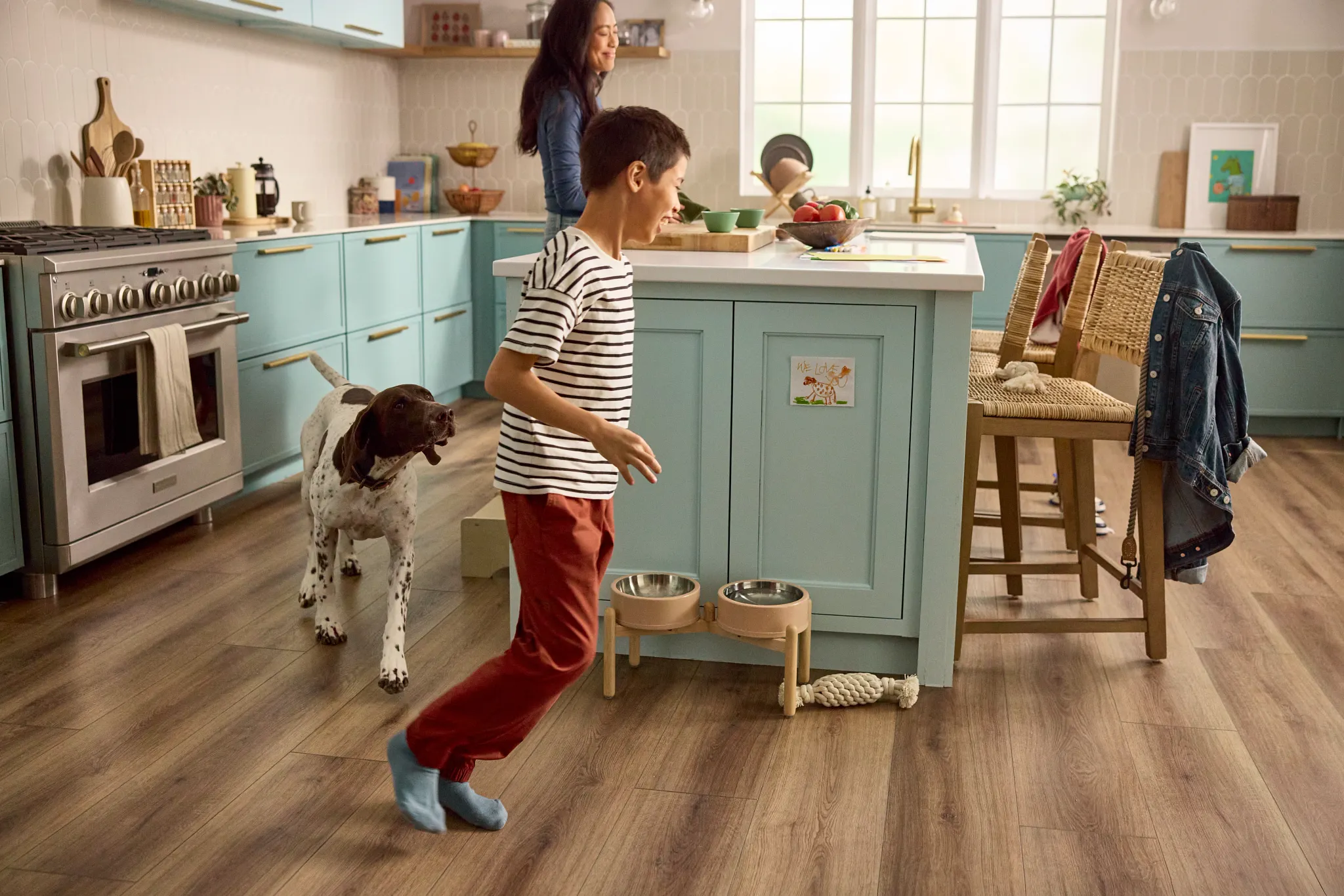 Entryway with light brown manufactured SPC flooring, featuring dimensions of 48.03x7.08 inches
