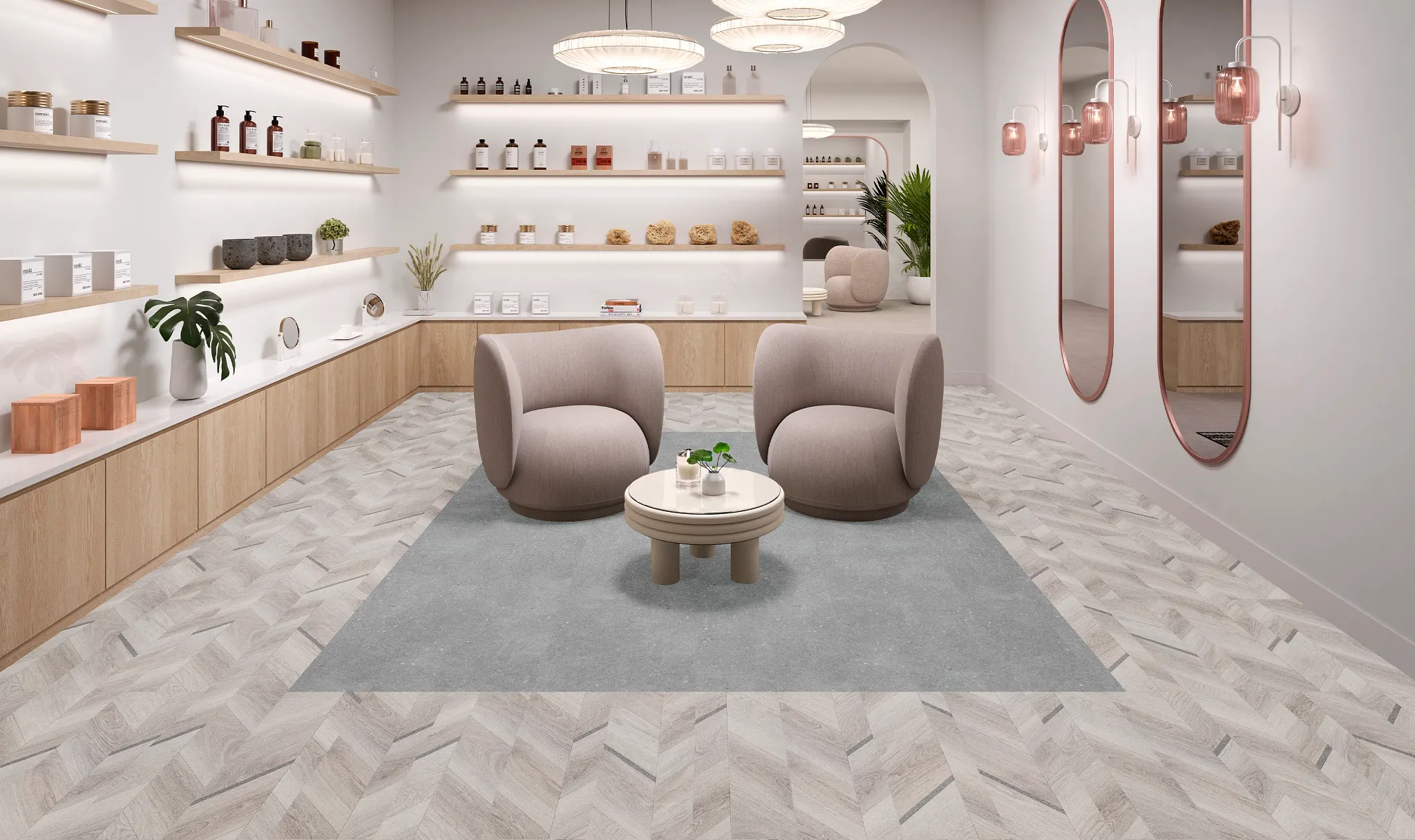 Modern retail space with light wood herringbone flooring and contemporary furniture